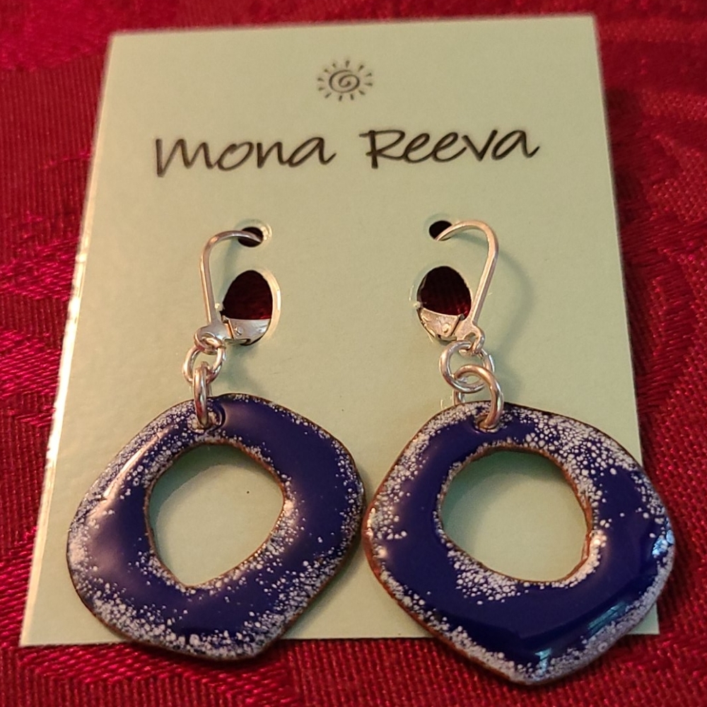 Blue Enamel Earrings with Silver Plate Leverbacks